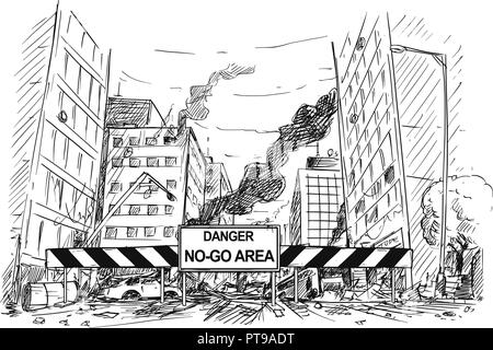 Disegno a mano di strada di città distrutte dalla sommossa, strada bloccata da pericolo No-Go segno Area Illustrazione Vettoriale