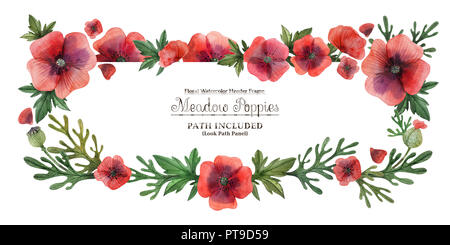 Acquarello dipinto a mano ad acquarello dipinto a mano telaio della testata Prato papaveri. Fiori e foglie su uno sfondo bianco. Isolato, incluso il percorso. Foto Stock