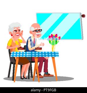 Felice Coppia di anziani in seduta Cafe e guardare in schermo digitale vettore. Illustrazione isolato Illustrazione Vettoriale