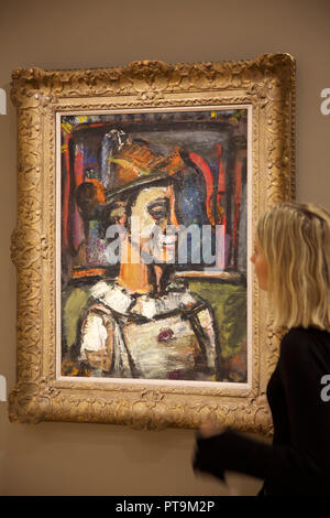 Londra, UK, 8 ottobre 2018,Bonhams Photocall, sul display: Georges Rouault(1871-1958)Clown de profil. Stimato pari a £ 350.000 - 550.000. La vendita avviene il 11 ottobre a 5pm. Credito: Keith Larby/Alamy Live News Foto Stock