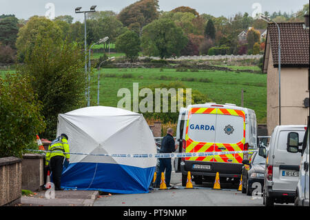 Macroom, West Cork, Irlanda. 8 Ott 2018. Una tenda di Garda copre il corpo di un uomo assassinato di 44 anni. L'uomo, da Clonakilty, fu pronunciato morto poco dopo le 2 di questa mattina. Il patologo di Stato è in scena oggi alle 16:00. Credit: Notizie dal vivo di AG/Alamy. Foto Stock