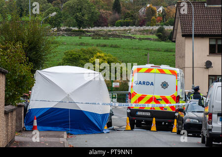 Macroom, West Cork, Irlanda. 8 Ott 2018. Una tenda di Garda copre il corpo di un uomo assassinato di 44 anni. L'uomo, da Clonakilty, fu pronunciato morto poco dopo le 2 di questa mattina. Il patologo di Stato è in scena oggi alle 16:00. Credit: Notizie dal vivo di AG/Alamy. Foto Stock