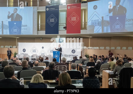 Lione, 08 ottobre 2018, il 1° Assises regionale degli enti locali eletti. Discorso pronunciato da Laurent Wauquiez, Presidente dei repubblicani e la Auvergne-Rhône-Alpes regione Foto Stock