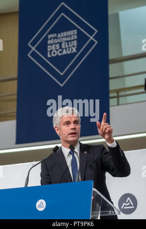 Lione, 08 ottobre 2018, il 1° Assises regionale degli enti locali eletti. Discorso pronunciato da Laurent Wauquiez, Presidente dei repubblicani e la Auvergne-Rhône-Alpes regione Foto Stock