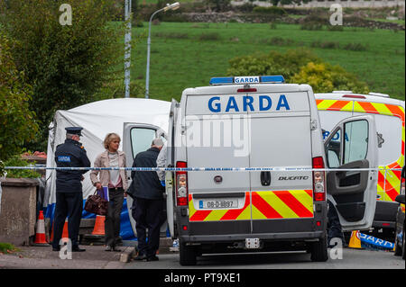 Macroom, West Cork, Irlanda. 8 Ott 2018. Il patologo di Stato aggiunto, Dr. Margaret Bolster, si prepara ad esaminare il corpo della vittima dell'omicidio, che prende il nome locale di Timmy Foley, 44 anni. Credit: Notizie dal vivo di AG/Alamy. Foto Stock