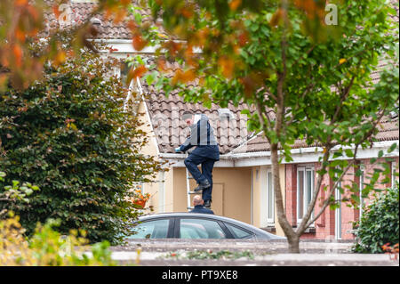 Macroom, West Cork, Irlanda. 8 Ott 2018. Un Garda cerca un tetto di fronte alla casa della vittima dell'omicidio che è stato chiamato localmente come Timmy Foley 44 anni. Credit: Notizie dal vivo di AG/Alamy. Foto Stock