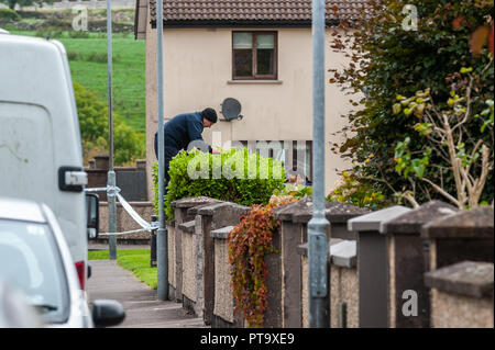 Macroom, West Cork, Irlanda. 8 Ott 2018. Un Garda cerca un cespuglio di fronte alla casa della vittima dell'omicidio, che è stato chiamato localmente come Timmy Foley 44 anni. Credit: Notizie dal vivo di AG/Alamy. Foto Stock