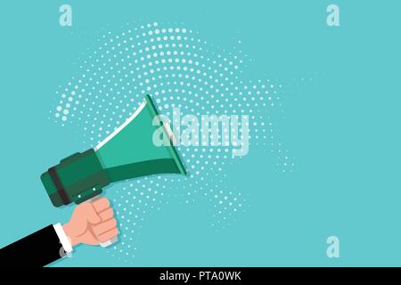 Design piatto business illustrazione di vettore vuoto formato di modello di invito biglietto di auguri poster promozione voucher. Maschio a mano umana tenendo la presa Illustrazione Vettoriale