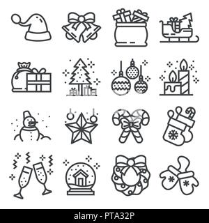 Vettore solido icon set - Albero di natale il vettore, fuochi d'artificio, dono, palla, garland, cervi corona sleigh Illustrazione Vettoriale