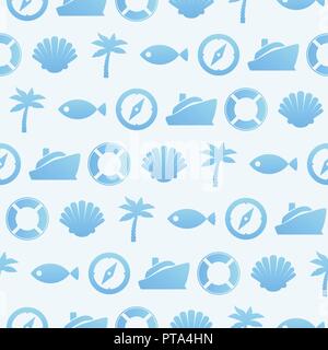 Vettore blu Seamless Pattern con icone Marine. Sfondo di viaggio. Illustrazione Vettoriale
