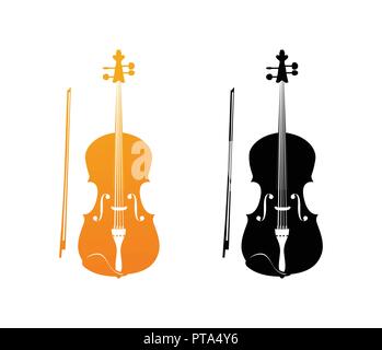 Icone di Fiddle in oro e colori nero - Orchestra violino strumento musicale in posa verticale, illustrazione di vettore isolato su sfondo bianco Illustrazione Vettoriale