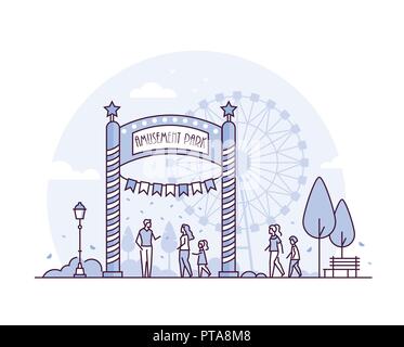 Parco divertimenti - linea sottile stile di design illustrazione vettoriale su sfondo bianco. Alta qualità di colore viola composizione con un luna park ingresso, pers Illustrazione Vettoriale