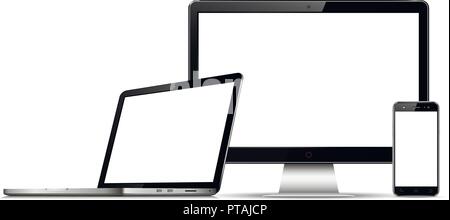 Sul monitor di un computer, laptop e telefono cellulare con schermo vuoto Illustrazione Vettoriale