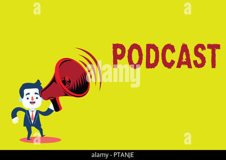 Testo della scrittura Podcast. Concetto significato Online media di trasmissione di intrattenimento multimediale audio digitale. Foto Stock