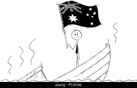 Cartoon di candidato in piedi premuto sul naufragio barca sventola Bandiera del Commonwealth of Australia Illustrazione Vettoriale