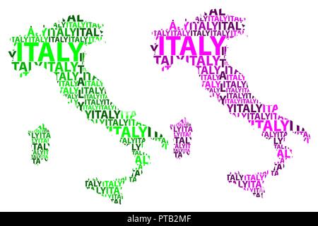 Schizzo Italia (Italiano o penisola Appenninica) testo lettera mappa, Repubblica italiana - nella forma del continente, mappa Italia - verde e viola il vettore Illustrazione Vettoriale