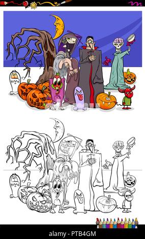 Cartoon illustrazione dei caratteri di Halloween gruppo libro da colorare Foglio di lavoro Illustrazione Vettoriale
