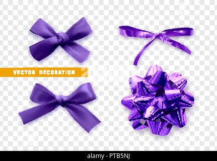 Archetti viola nastro su sfondo trasparente. Isolato di prua decorazioni realistiche di materiale in raso e tessuto. Illustrazione Vettoriale