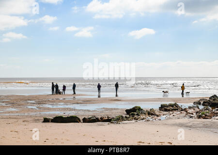 Un gruppo di persone che prendono i loro cani per un pomeriggio a piedi lungo la spiaggia a Exmouth, Devon, Inghilterra. Il 20 marzo 2018 Foto Stock