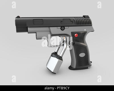 Il controllo dell'arma concetto. Pistola 3d illustrazione con lucchetto bloccando il trigger. Foto Stock