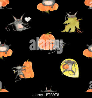 Acquerello seamless pattern per Halloween. I diavoletti e zucche su un nero, il percorso incluso Foto Stock