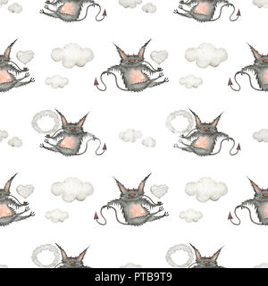 Acquerello seamless pattern per Halloween. I piccoli diavoli volanti su una bianca, percorso incluso Foto Stock