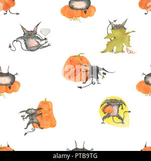 Acquerello seamless pattern per Halloween. I diavoletti e zucche su una bianca, percorso incluso Foto Stock