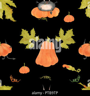 Acquerello seamless pattern per Halloween. I diavoletti e zucche su un nero, il percorso incluso Foto Stock