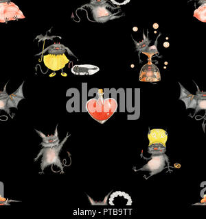 Acquerello seamless pattern per Halloween. I DIAVOLETTI su un nero, il percorso incluso Foto Stock