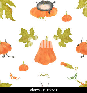 Acquerello seamless pattern per Halloween. I diavoletti e zucche su una bianca, percorso incluso Foto Stock