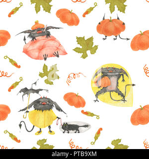 Acquerello seamless pattern per Halloween. Zucche e i diavoletti su una bianca, percorso incluso Foto Stock