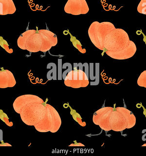 Acquerello seamless pattern per Halloween. Di zucca e il piccolo diavolo su un nero, il percorso incluso Foto Stock
