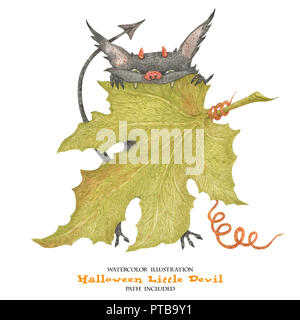 Acquerello illustrazione per Halloween. Il piccolo diavolo rode una foglia di zucca. Isoalted, percorso incluso Foto Stock