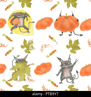 Acquerello seamless pattern per Halloween. Zucche e i diavoletti su una bianca, percorso incluso Foto Stock