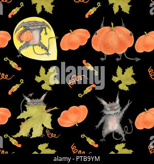 Acquerello seamless pattern per Halloween. Zucche e i diavoletti su un nero, il percorso incluso Foto Stock