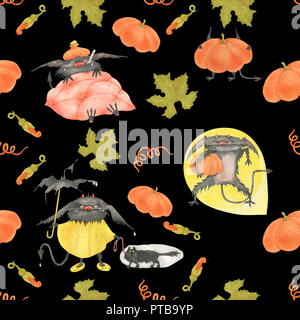 Acquerello seamless pattern per Halloween. Zucche e i diavoletti su un nero, il percorso incluso Foto Stock