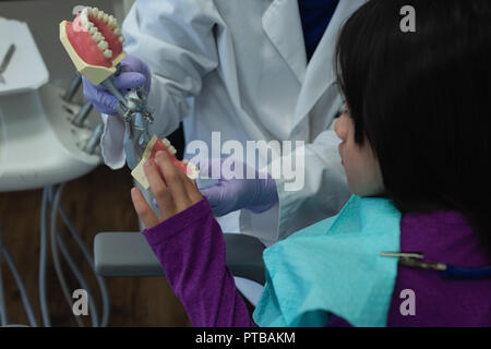 Dentista femmina spiegare circa il modello di denti Foto Stock