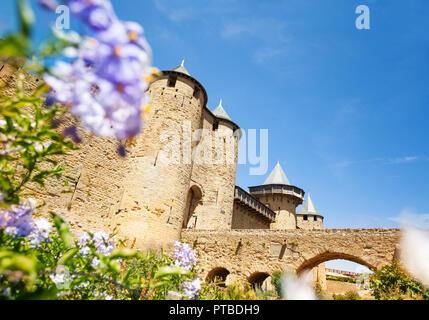 Ponte che conduce all'ingresso anteriore del castello del conte di fortificazione di Carcassonne, Francia Foto Stock
