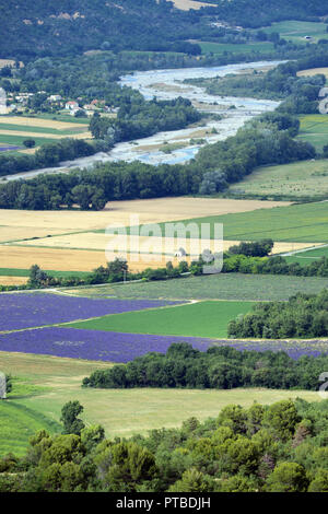 High-Angle o vista aerea del frumento e del campo di lavanda pattern nella valle di Inter Shot dall'altopiano di Valensole Provence Francia Foto Stock
