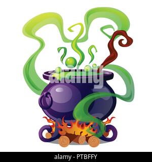Caldaia in acciaio con verde bollente pozione magica isolati su sfondo bianco. Schizzo per un poster o una carta di credito per la vacanza di tutti gli spiriti malvagi Halloween. Vector cartoon close-up illustrazione. Illustrazione Vettoriale