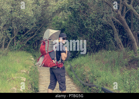 Padre di trasportare un bambino vettore e a piedi attraverso campi di olivi. Foto Stock