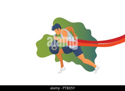 Plogging illustrazione vettoriale: esecuzione di atleta con un sacco di immondizia og o cestino. Runner con un sacco di immondizia plogging o rifiuti di pulizia isolato. Illustrazione Vettoriale