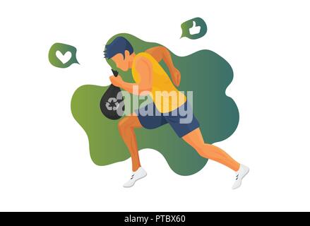 Plogging illustrazione vettoriale: esecuzione di atleta con un sacco di immondizia og o cestino. Runner con un sacco di immondizia plogging o rifiuti di pulizia isolato. Illustrazione Vettoriale