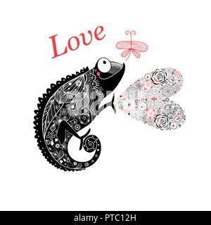 Vector Graphic contentissimo chameleon con un cuore e una farfalla su uno sfondo bianco Illustrazione Vettoriale