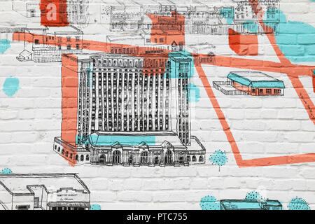 Illustrazione della storica Michigan Central Station, chiusi nel 1988, ora acquistato dalla Ford Motor Company per il restauro, in Corktown, Michigan, USA Foto Stock