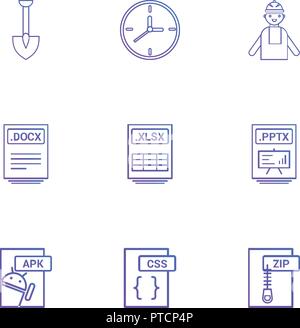 Capocorda , clock , ingegnere , pptx ,power point , zip , compressi , docx, xlsx , file excel , css , apk android ,icona, vettore, design, piatta, collectio Illustrazione Vettoriale