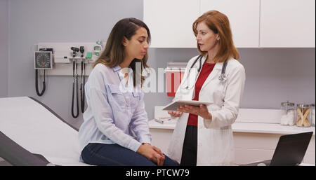 Giovane latina donna avente check up con metà di età caucasian medico presso la clinica Foto Stock