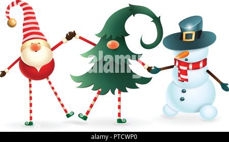 Happy amici per festeggiare il Natale - Scandinavian gnome gnome nascosti nella struttura ad albero di natale e pupazzo di neve Illustrazione Vettoriale