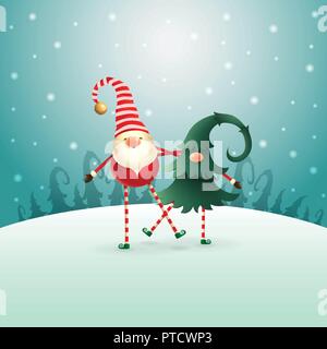 Felice Natale Scandinavian gnomi amici suonare e danzare - verde blu notte invernale paesaggio Illustrazione Vettoriale