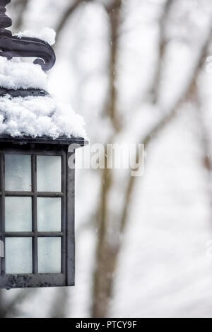 Coperta di neve casa Lampada Lanterna durante il giorno, Blizzard bianco pesante tempesta, i fiocchi di neve caduta nel sobborgo di Virginia, closeup verticale Foto Stock